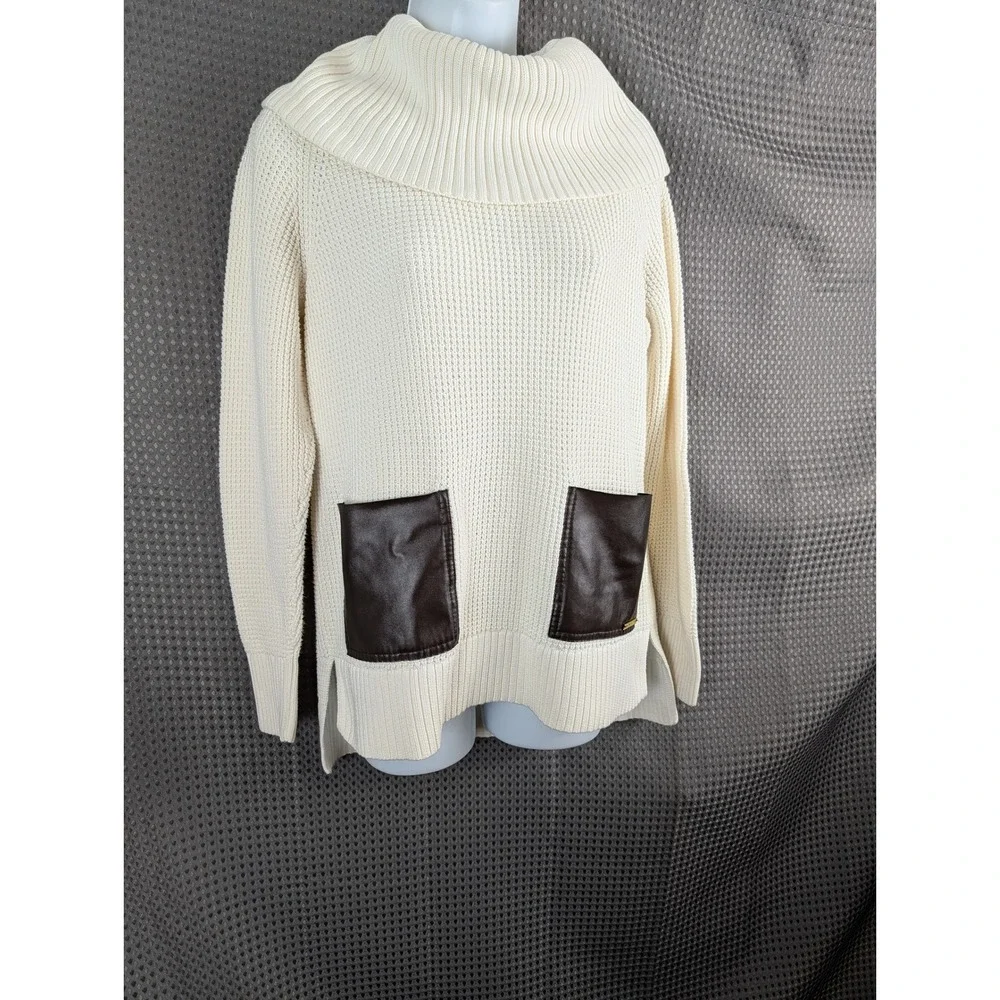 Michael‎ Kors Womens Cream Knit Cowl Neck Sweater Leather Pocket Pullover Chunky